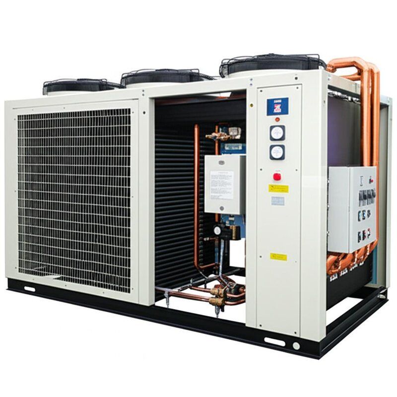 آلة تبريد المياه بمكثف زعانف مع نظام حماية من الحمل الزائد والضغط المنخفض والعالي وتسلسل الطور ومضاد للتجمد ومستوى ضوضاء 65 ديسيبل